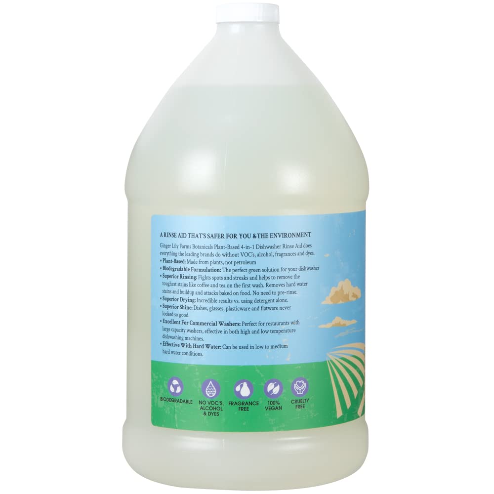 Ginger Lily Farms Botanicals Plant-Based 4-In-1 Dishwasher Rinse Aid, 100% Vegan & Cruelty-Free, Fragrance-Free, 1 Gallon (128 fl oz) Refill, 128.00 Fl Oz (Pack of 1)