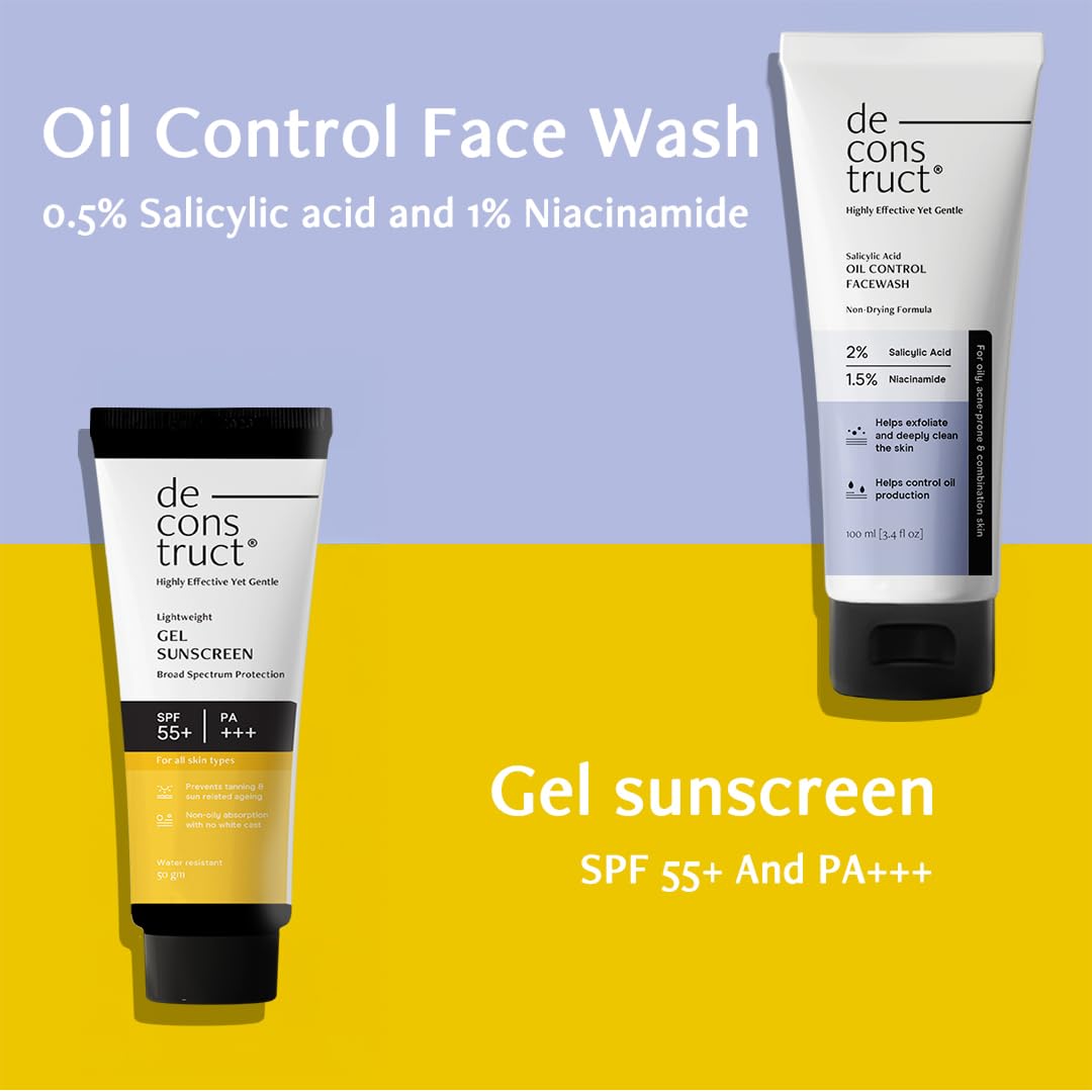 Deconstruct Oily Skin Essentials: Salicylic Oil Control Face Wash Cleanser & Spf 50+ Gel Sunscreen | Oil Control Face Wash (100Ml) And Gel Sunscreen (50 G)| Pack Of 2