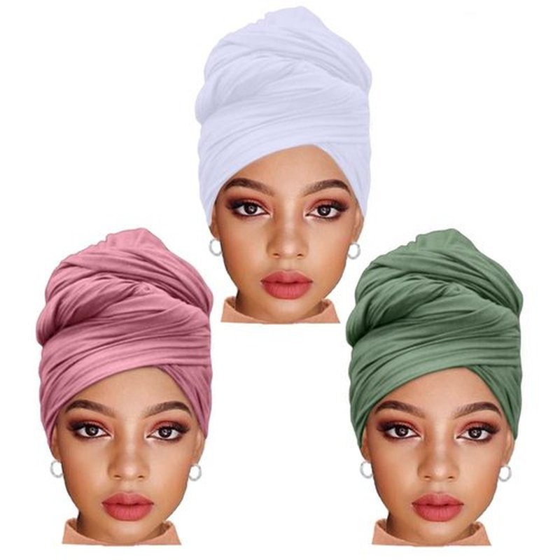 ZRQ 3 Pieces Stretch Jersey Turban Head Scarf Extra Long Scarf Shawl Urban Hair Hijab Tie Soft and Breathable Easy to Knot Headwraps for Women Night Use(White,Pink.,Olive Green)