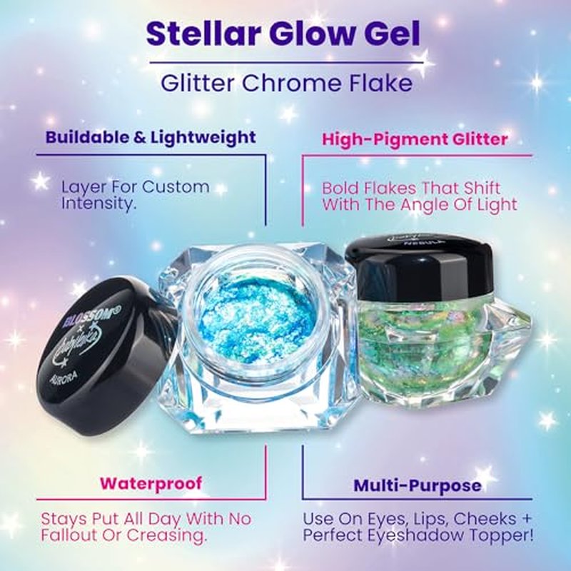 Blossom x babyleska Stellar Glow Gel Chrome Flake Eyeshadow Flake Multichrome Color Gradient Shiny Eye Shadow Topper Multi-Tone High Shine Finish Metallic Glitter Shimmer, 2pk, Aurora/Nebula