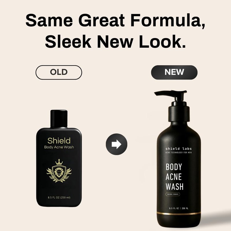 Shield Men's Acne Body Wash for Back, Chest & Shoulders - 4% Benzoyl Peroxide Body Wash, Clears Breakouts & Acne Scars – Unscented with Niacinamide, Glycolic Acid & Ceramides, 8.5 oz