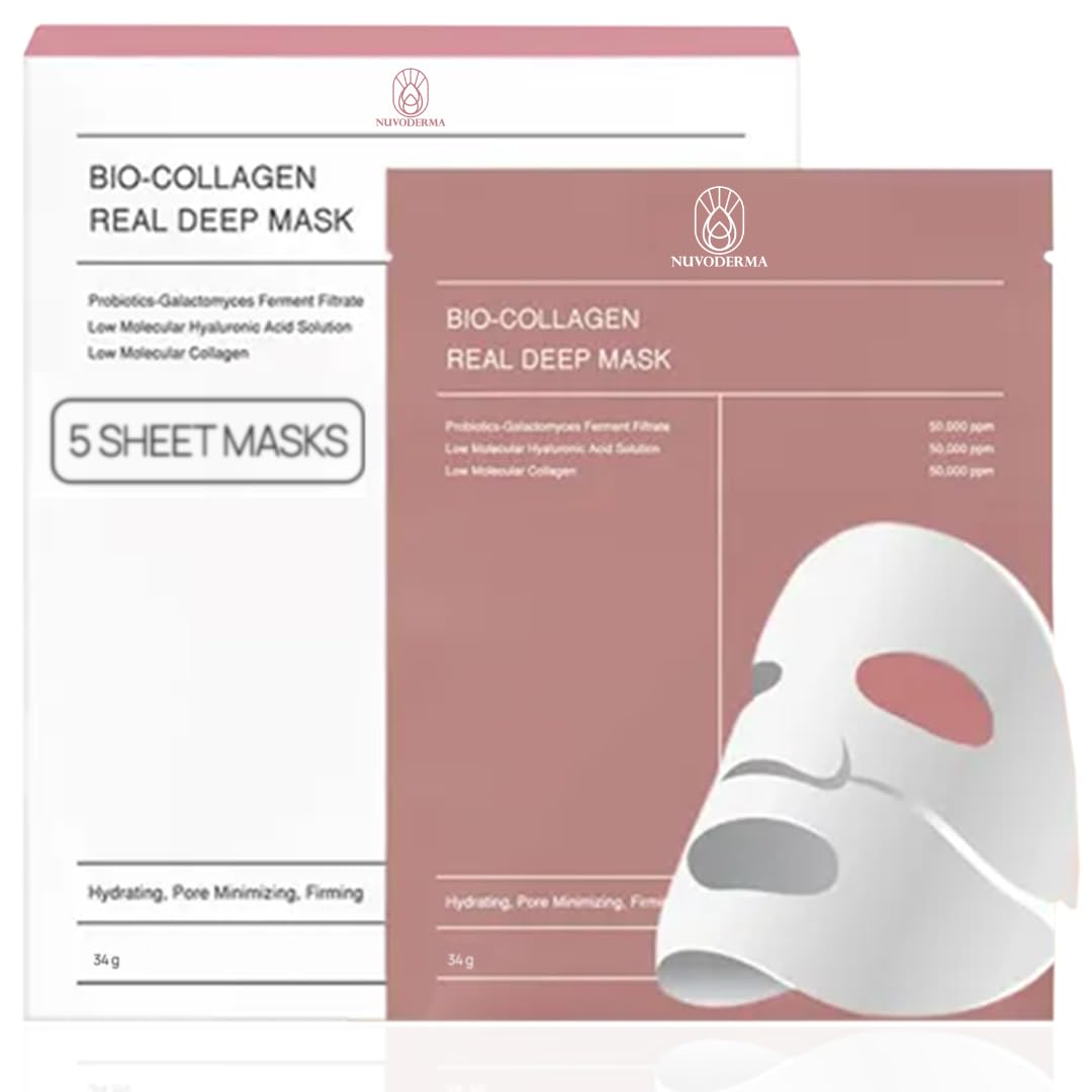 NUVODERMA Bio Collagen Face Mask (5 Pack), Overnight Deep Hydrating Collagen Mask for All Skin Types, Anti-Aging Collagen Sheet Mask, Helps to Minimize Wrinkles, Restores Skin Elasticity & Plumpness