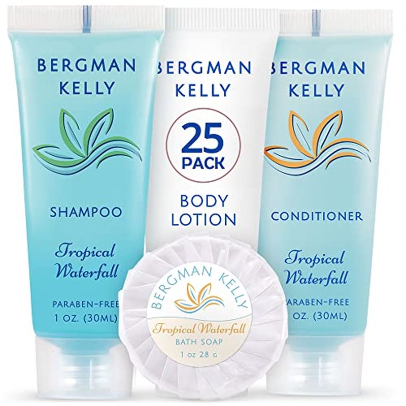 BERGMAN KELLY Hotel Toiletries Bundle (Tropical Waterfall, 1 oz each, 40 Pcs) 4-Piece Set: 10 Rectangular Bar Soap, 10 Shampoo, 10 Conditioner & 10 Body Lotion - Bulk Mini Guest Amenities Supply