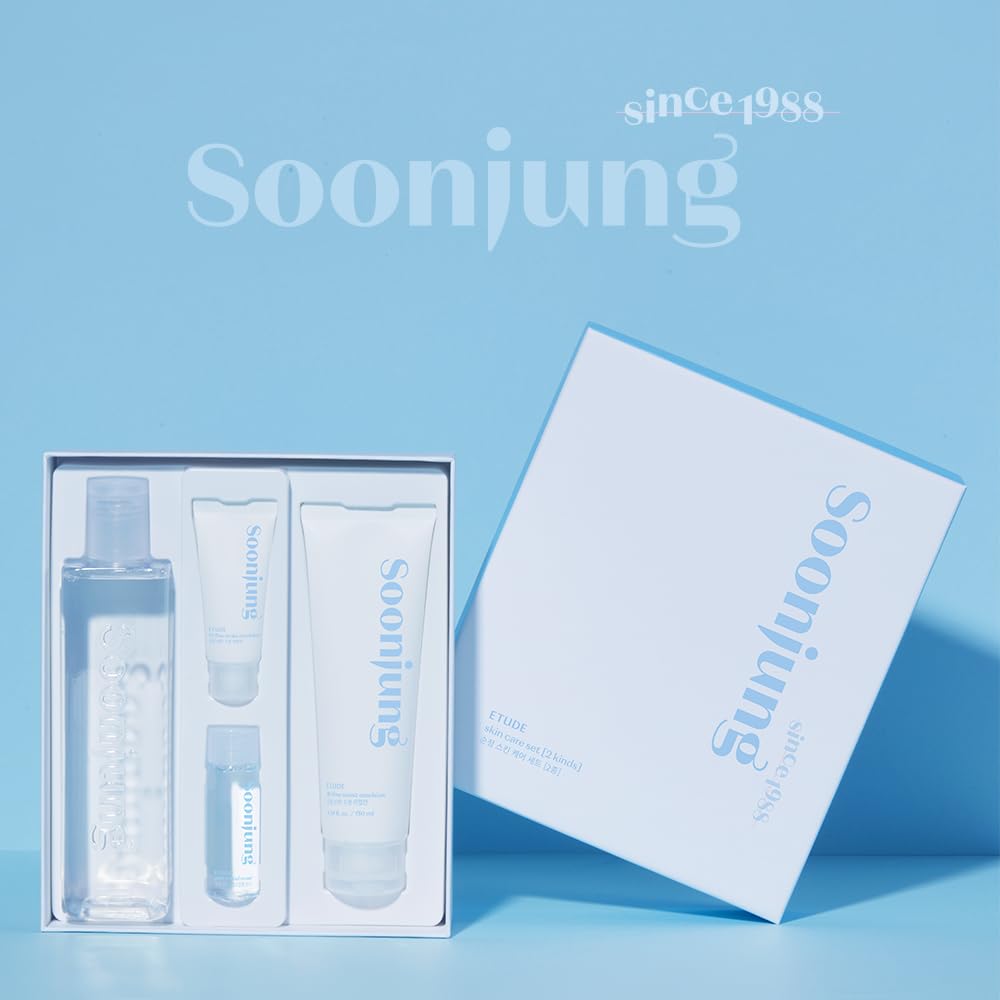 ETUDE SoonJung Skincare Set pH 5.5 Relief Toner (11.83 Fl. oz) & 10‑Free Moist Emulsion (5.07 Fl. oz) with Mini Set, Face Moisturizer for Sensitive Skin, Soothing Korean Skincare Gift (4‑Piece)
