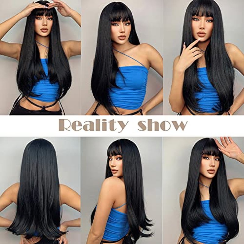 RightOn Black Wig for Women Long Straight Wig Black Wig with Bangs Long Wig Black Straight Wigs Full Machine Wig for Daily Cosplay Party