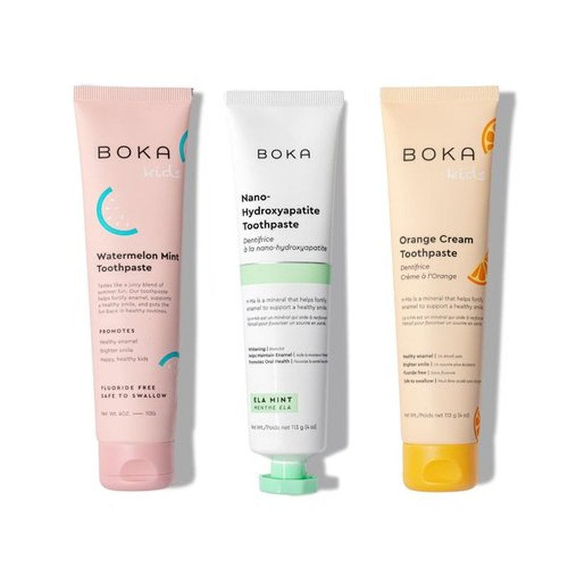 Boka Fluoride Free Toothpaste Nano Hydroxyapatite, Helps Remineralize, Appropriate for Sensitive Teeth, Whitening - for Adult, Kids Oral Care - Ela Mint, Orange Cream, Watermelon Mint Flavor, 3pk
