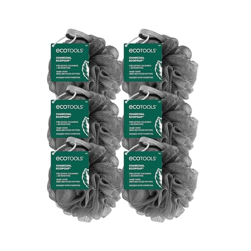 EcoTools Charcoal EcoPouf, Loofah Sponge for Bath & Shower, Infused Pouf, Recycled Netting, Exfoliation Removes Dead Skin, Eco-Friendly Bath Accessory, Cruelty-Free, Color May Vary, 6 Count (60g)