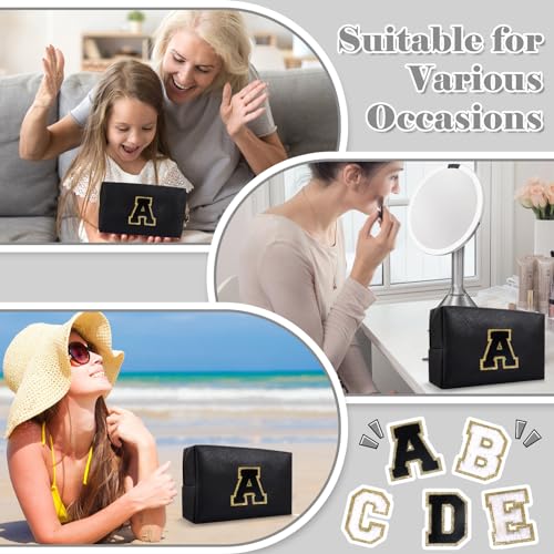 Small Personalized Initial A-Z Preppy Patch Makeup Bag,PU Chenille Letter Travel Cosmetic Pouch with Zipper,Blue Cute Toiletry Bag,Gift Ideal for Teen Girls Women Teacher Bridesmaid,Letter T