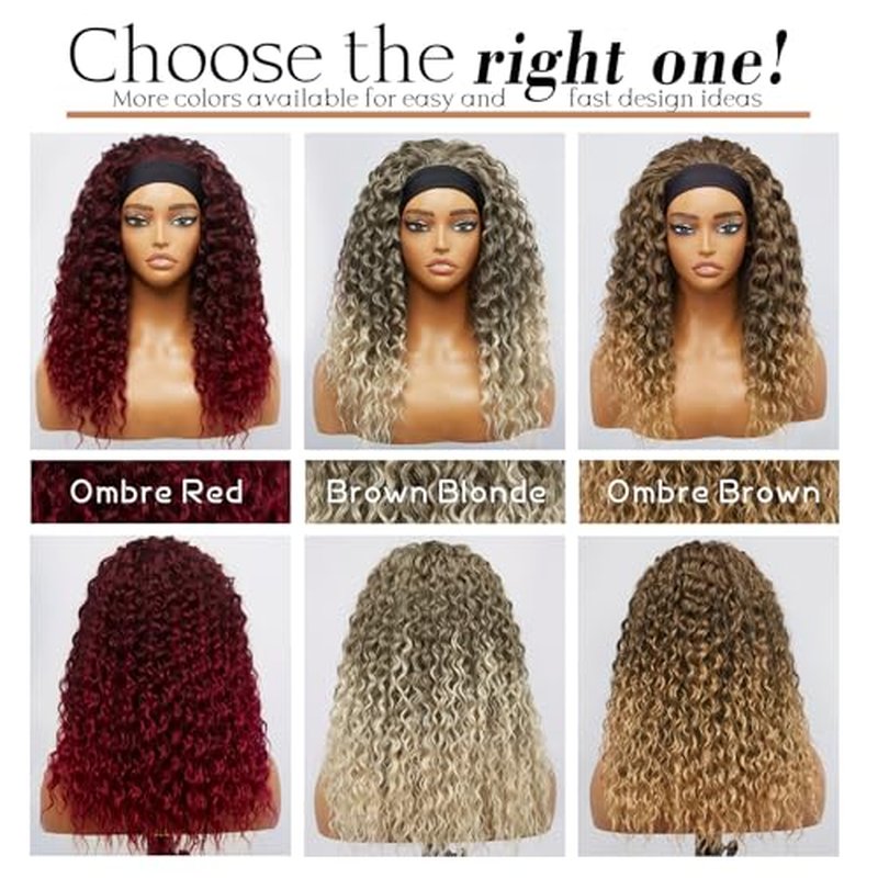 cuiud Headband Wig for Black Women 20Inch Black Curly Wavy Headband Wigs Water Wave Hair Wig Synthetic Black Wigs None Lace Front Wig (Natural Black 1B)