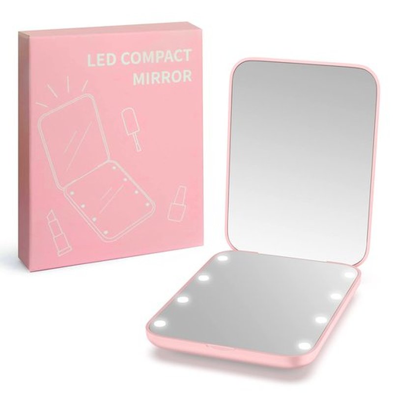 wobsion Small Mirror with Lights,LED Compact Makeup Mirror,1x/3x Mini Travel Mirror with Magnification,Portable Hand Held Mirror for Purse,Pocket,Gifts for Girls,Pink