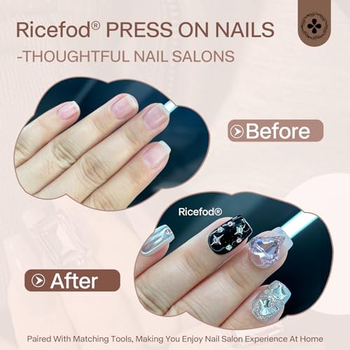 Ricefod Press on Nails Handmade Black Pink Fake Nails Press on False Nails Short Reusable Luxury Nails with Pink Love Diamond, Size:Medium