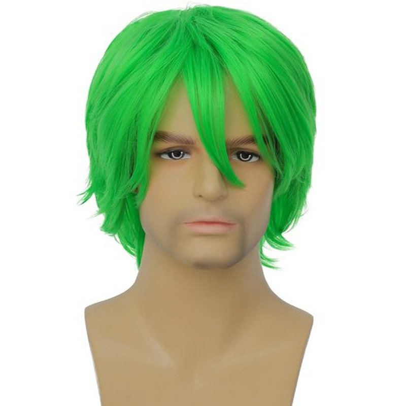 Kaneles Mens Green Wigs Short Straight Synthetic Wigs for Anime Cosplay Halloween Costume Full Wig