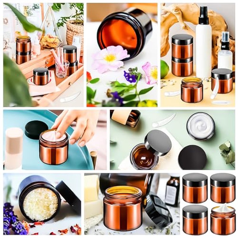 MotBach 4 Pack 2oz Glass Jars with Lids 60ml Mini Round Clear Glass Jars with Inner Liners and Spatulas, Travel Size Containers Jars for Toiletries Creams Makeup Cosmetic Sample Lotion (amber Lid)