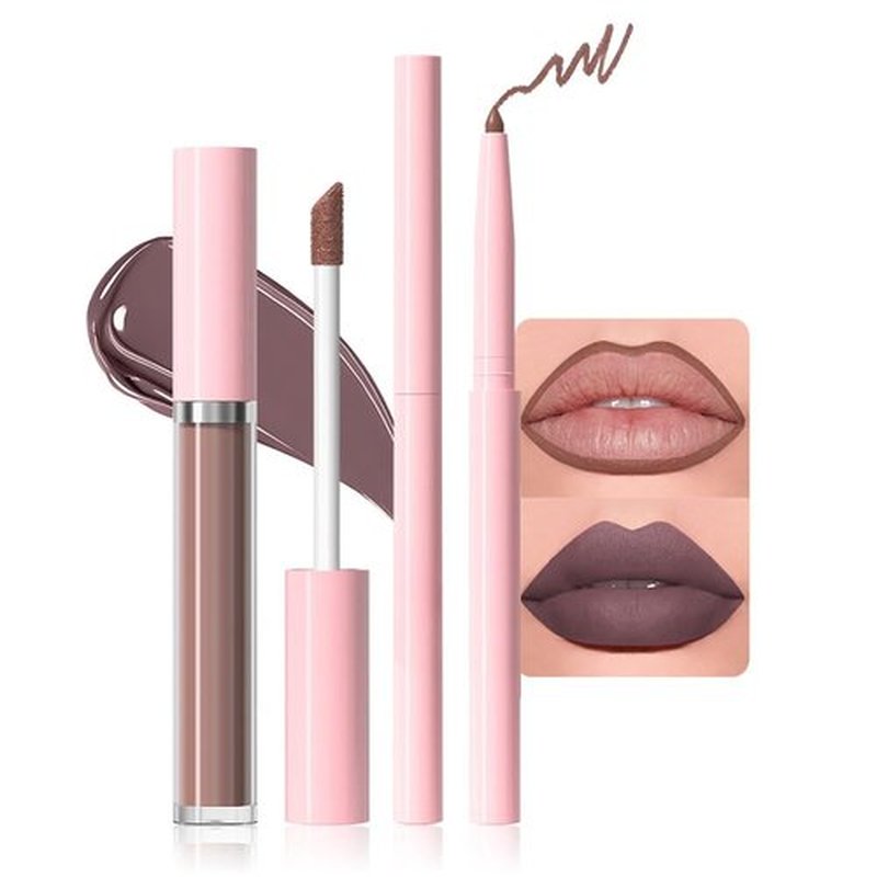 JUAAZIN 1Pcs Lip Liner Pencils and 1 Pcs Lip Gloss Makeup Set, Smokey Topaz Matte Rich Lip Colors Liner Crayon Liquid Lipstick for Sculpting Lips, Long-Lasting Waterproof Longwear Smudge-Proof 12#