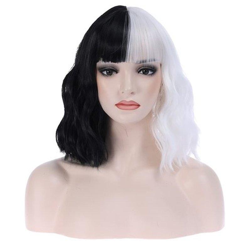 MAGQOO Half Black White Wig with Bangs Women Girls Short Curly Wavy Bob Wig Black and White Hair Wigs Halloween Cosplay Costume Party Wig