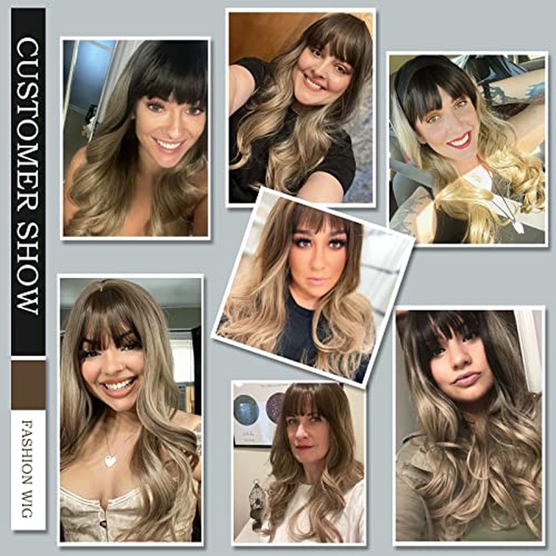 BOGSEA Light Brown Wigs with Bangs Long Blonde Wig for Women Long Wavy Light Ash Brown Mix Blonde Wigs Synthetic Heat Resistant Fiber Wigs for Daily Party 26 Inch