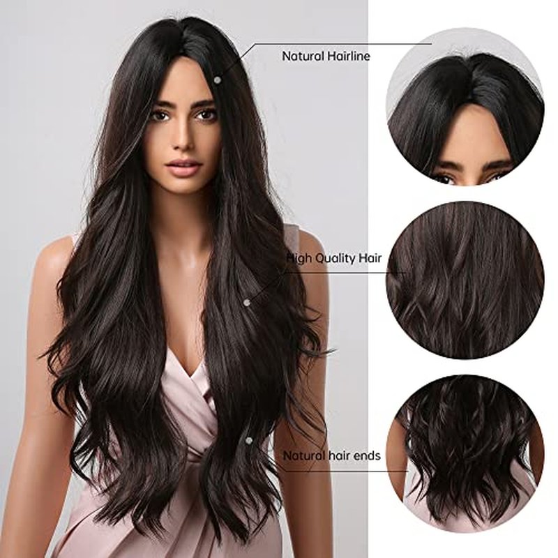 MAGQOO Black Wig for Women Middle Part Long Curly Wavy Black Wig Synthetic Heat Resistant