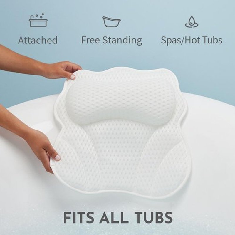 WONDERfoam Thick Padded Ergonomic Bath Pillow for Tub, Support for Head Neck and Back, Slip-Resistant, Machine Washable Breathable Quick Dry Mesh Bathtub Headrest Pillows, Spa Rest Accessories, White