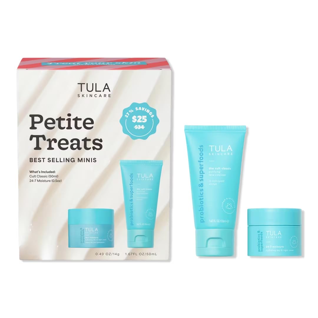 TULA Skincare Petite Treats - Includes Travel Sized 24-7 Moisture Hydrating Day & Night Cream and Cult Classic Purifying Face Cleanser, 2-piece set