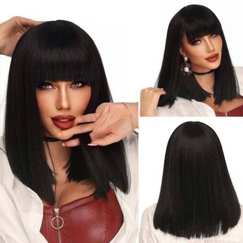 Ebingoo 14 Inches Short Black Bob Wigs with Bangs+Wig Cap Black Bob Wigs for Women Black Shoulder Length Wig Straight Black Wig for Halloween Party Heat Resistant Wig for Daily Wear
