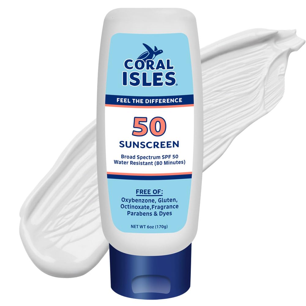 Coral Isles Sunscreen SPF 50 | Hawaii Reef Act Compliant | Octinoxate & Oxybenzone Free | Broad Spectrum UVA/UVB Protection | Water Resistant 80 Min. | Fragrance Free | 6 Fl Oz Lotion