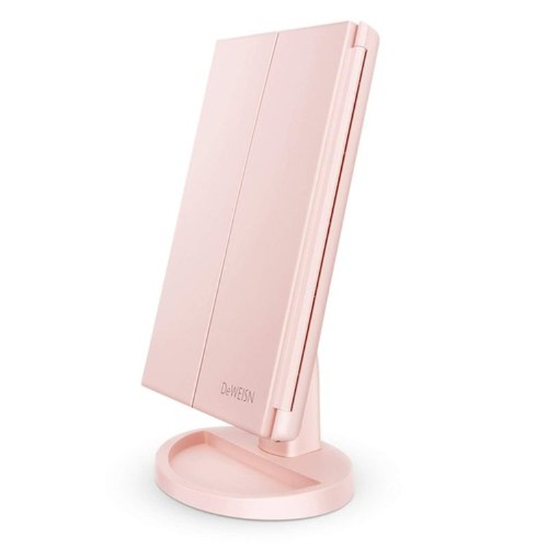 deweisn Tabletop Mount Tri-Fold Lighted Vanity Mirror with 21 LED Lights, Touch Screen and 3X/2X/1X Magnification, Two Power Supply Modes Make Up Mirror,Travel Mirror