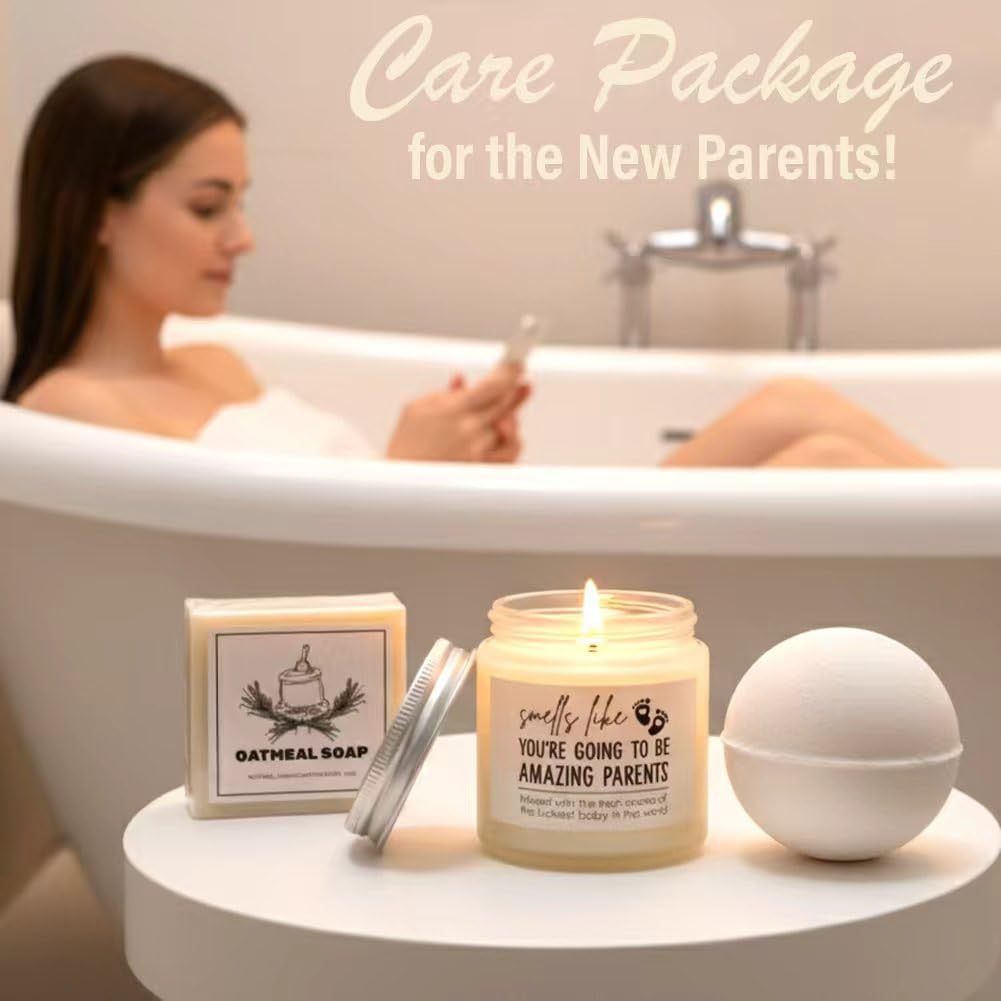 New Parents Gifts for Couples, Mom and Dad to Be Gifts, Pregnancy Gift Basket for Expecting Parents, Baby Shower Gift Set with Mommy Daddy Glass Cups, Candle, Bath Bomb & Soap