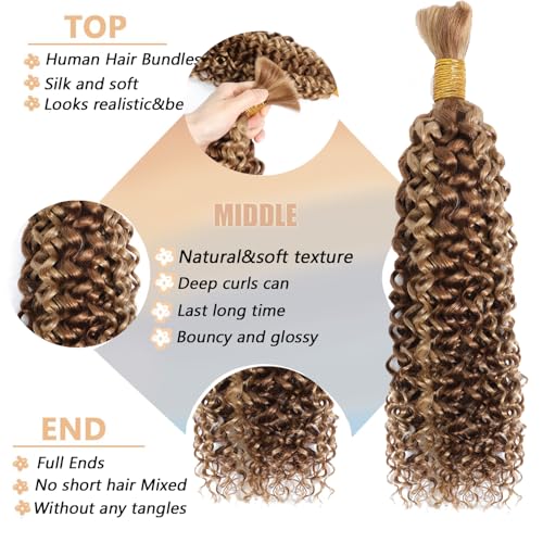 Human Braiding Hair 27/30 Water Wave Bulk Human Hair for Braiding 14 Inch Highlight Ombre Wet and Wavy Human Hair Bundles No Weft 50g 12A Brazilian Virgin Curly Human Hair for Boho Braids