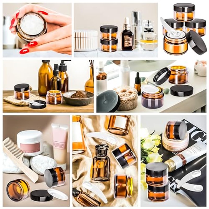 MotBach 6 Pack 1 oz Glass Jars with Lids 60ml Mini Round Clear Glass Jars with Inner Liners and Spatulas, Travel Size Containers Jars for Toiletries Creams Makeup Cosmetic Sample Lotion (Amber Lid)