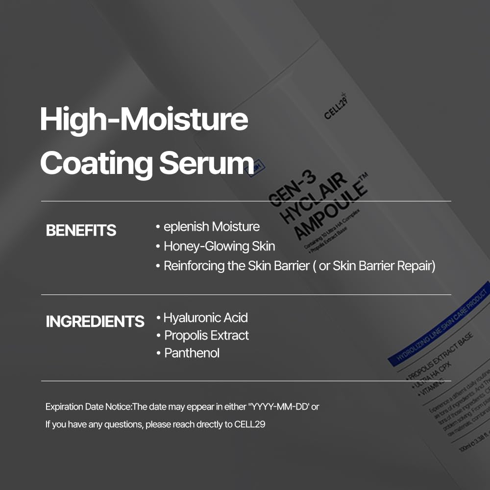 CELL29 Gen3 Hyclair Serum Ampoule 3-Layer Hyaluronic Acid 10 Species Acne Treatment Daily Face Moisturizer Propolis & Collagen 100-Hour Long-Lasting Formula All Skin Types Glass Skin Korean 3.38 Fl.oz