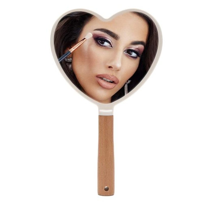 YEAKE Hand Held Mirror with Handle for Makeup,Small Cute Wood Hand Mirror for Shaving with Hole Hanging Single-Sided Portable Travel Vanity Mirror for Men&Women(Heart)
