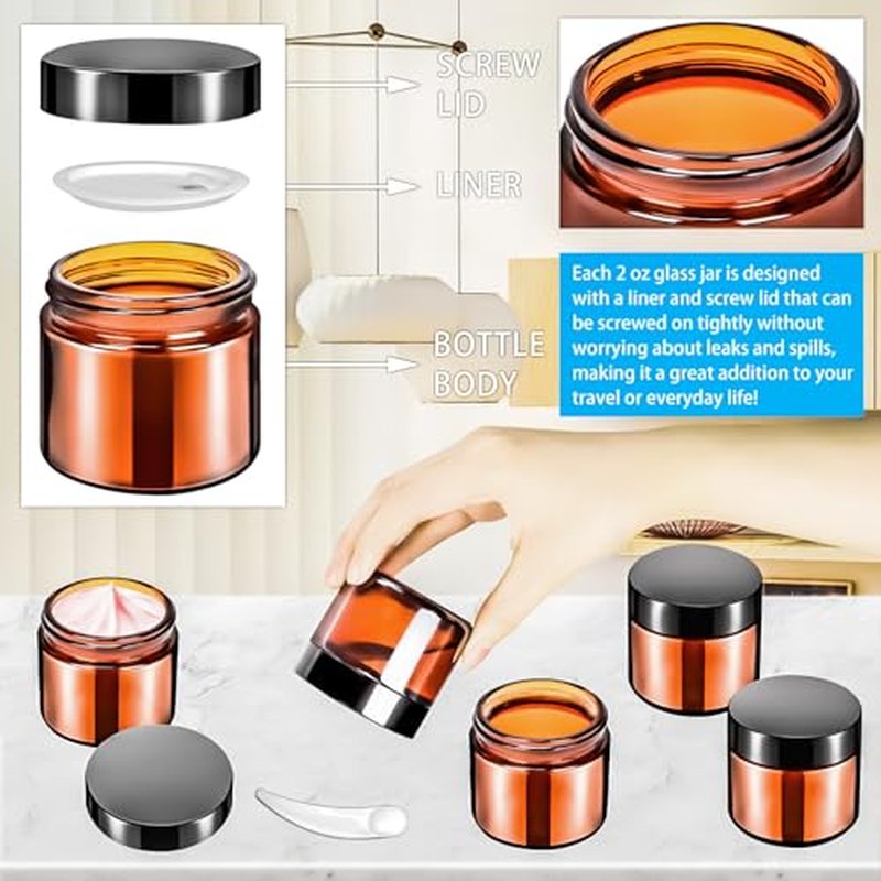 MotBach 4 Pack 2oz Glass Jars with Lids 60ml Mini Round Clear Glass Jars with Inner Liners and Spatulas, Travel Size Containers Jars for Toiletries Creams Makeup Cosmetic Sample Lotion (amber Lid)