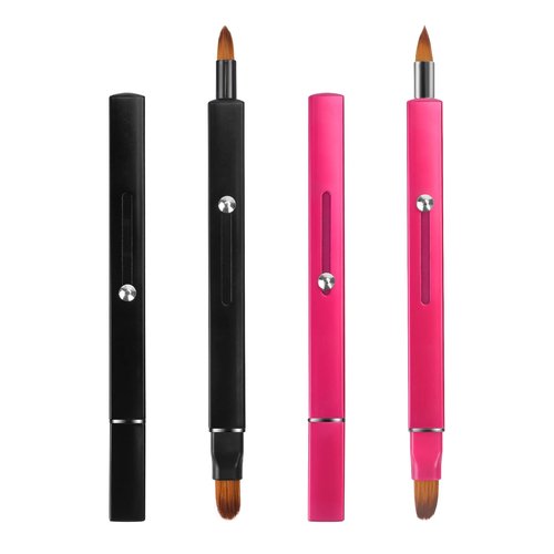 Unaone Retractable Lip Brush for Lipstick, 2 Pieces Double-ended Lip Applicator with Cap, Portable Lip Liner Brush Lip Gloss Eyeshadow Smudge Concealer Brush (Black/Rose Red)