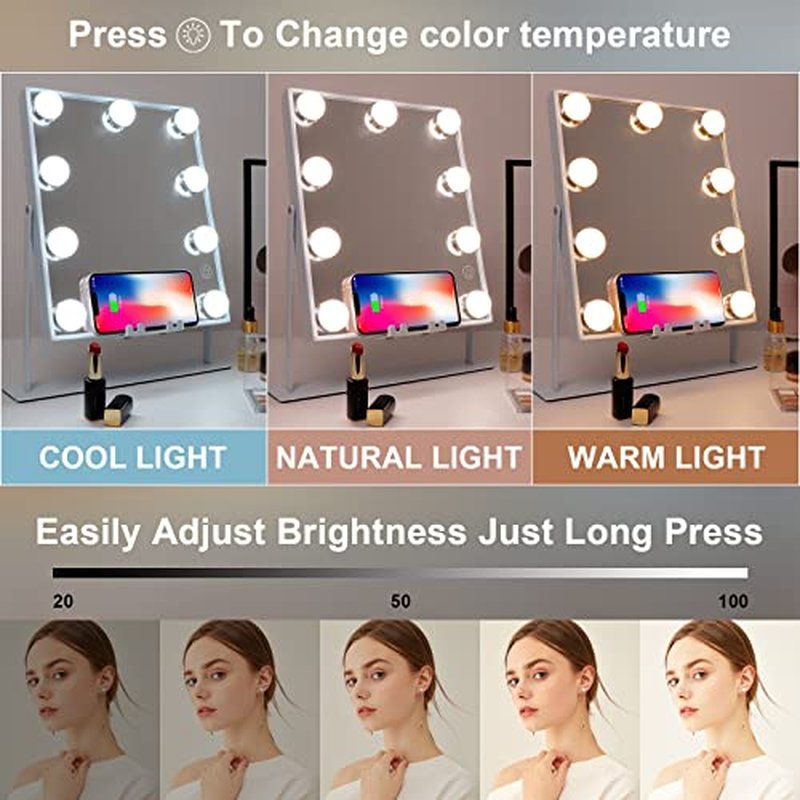Fenair Lighted Vanity Mirror with Lights Speaker and Wireless Charging,Makeup Mirror with Lights and 10X Magnification Hollywood Mirror with 9 Dimmable LED Bulbs(White)