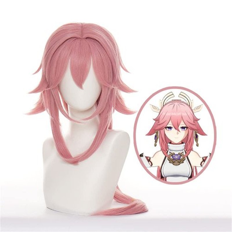 Mystylecos Genshin Impact Cosplay Yae Miko Wig Long Pink Wig with Bangs Halloween Costume Party Wig