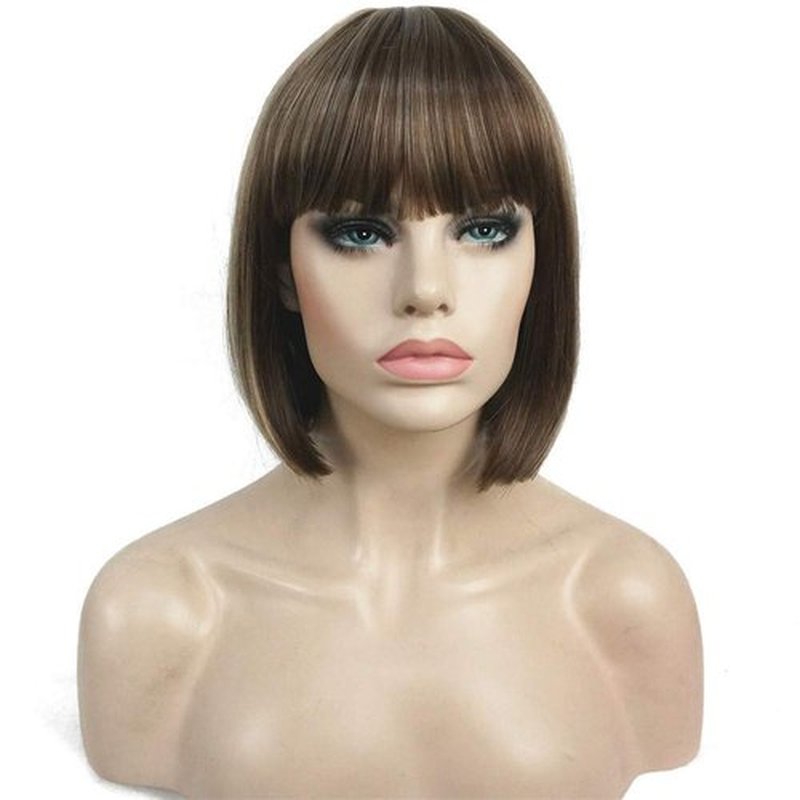 Aimole Short Straight Bob Wig Cute Flat Bangs Synthetic Full Women Wigs (AB607)