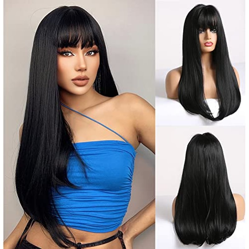 RightOn Black Wig for Women Long Straight Wig Black Wig with Bangs Long Wig Black Straight Wigs Full Machine Wig for Daily Cosplay Party