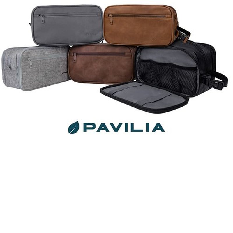 PAVILIA Toiletry Bag for Men, Travel Toiletries Bag | Water-resistant Dopp Kit, PU Leather Shaving Pouch Organizer for Accessories, Cosmetic, Hygiene, Grooming Essentials (Brown)