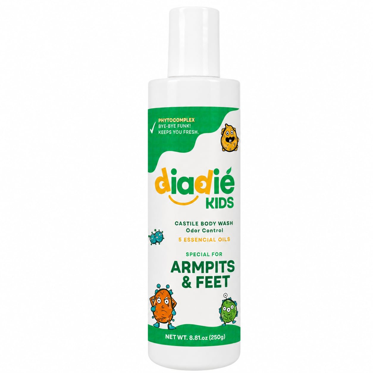 Diadié Kids Natural Castile Liquid Body Odor Soap/Wash, For Armpits, Boys or Girls, Made With 5 Essential Oils, 8.81 oz, 1 Pack