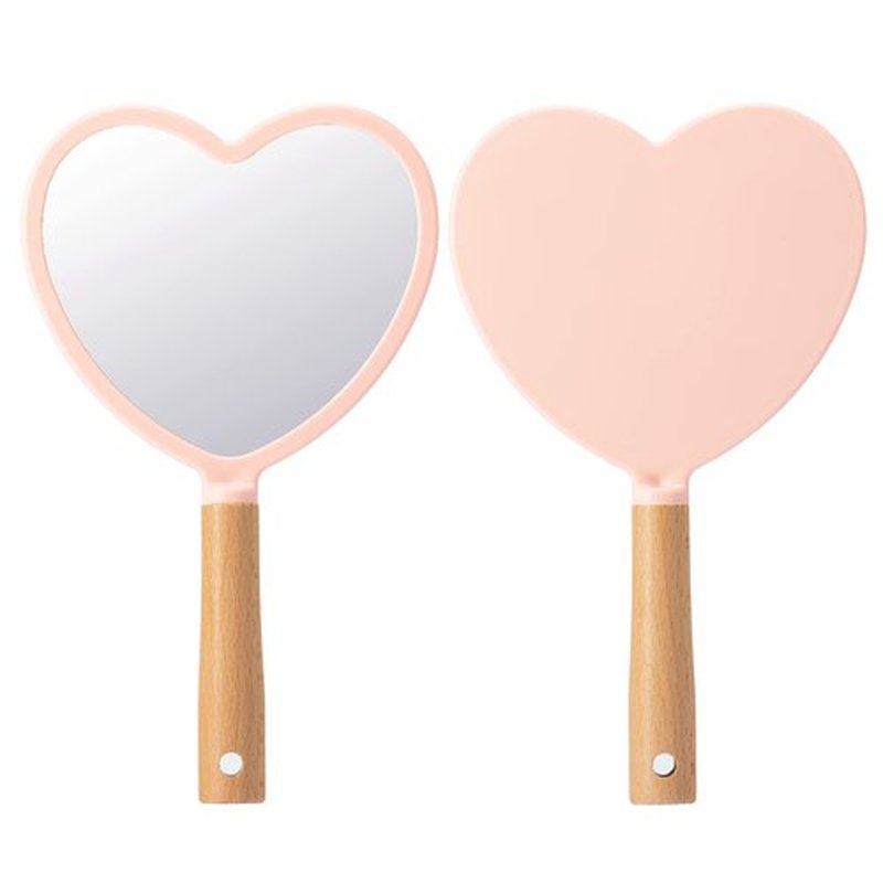 YEAKE Hand Held Mirror with Handle for Makeup,Small Cute Wood Hand Mirror for Shaving with Hole Hanging Single-Sided Portable Travel Vanity Mirror for Men&Women(Heart,Pink,1Pack)