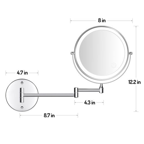 Rocollos Rechargeable Wall Mounted Lighted Makeup Mirror Chrome, 8 Inch Double-Sided LED Vanity Mirror 1X/10X Magnification,3 Color Lights Touch Screen Dimmable 360°Swivel 13 Inch Extendable