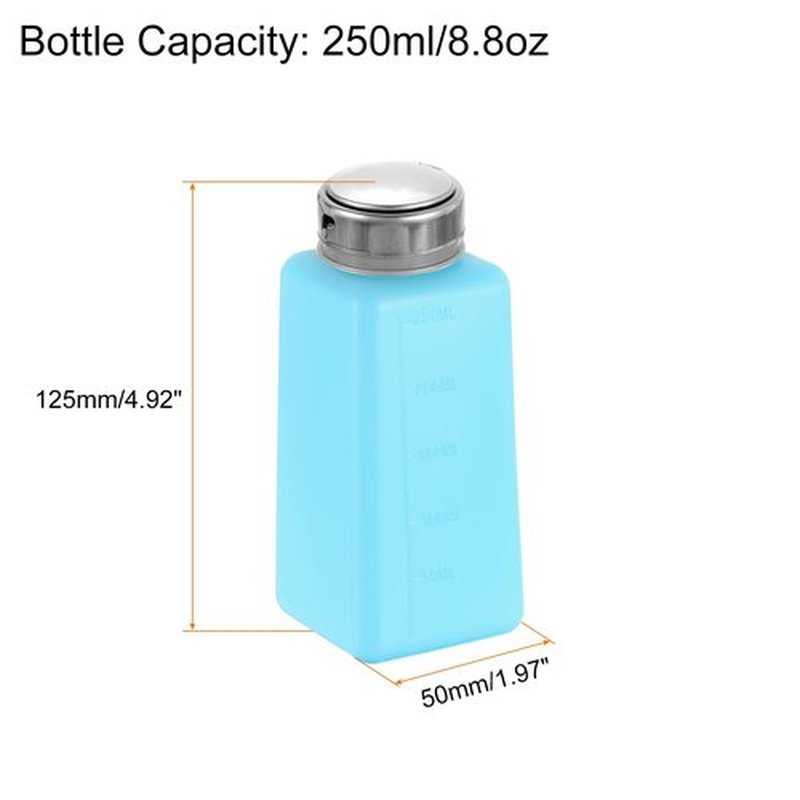 HARFINGTON 2pcs Solvent Alcohol Dispenser 250ml(8.8oz) Nail Polish Remover Push Down Liquid Dispenser Pump Bottle with Stainless Steel Press Head for Acetone Cleanser Polish Remover, Blue