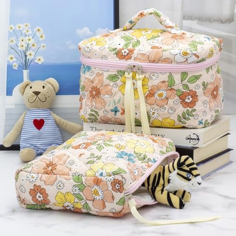 PAZIMIIK Cotton Makeup Bag for Women Large Quilted Travel Cosmetic Pouch Girls' Make Up Organizer,Little Flower