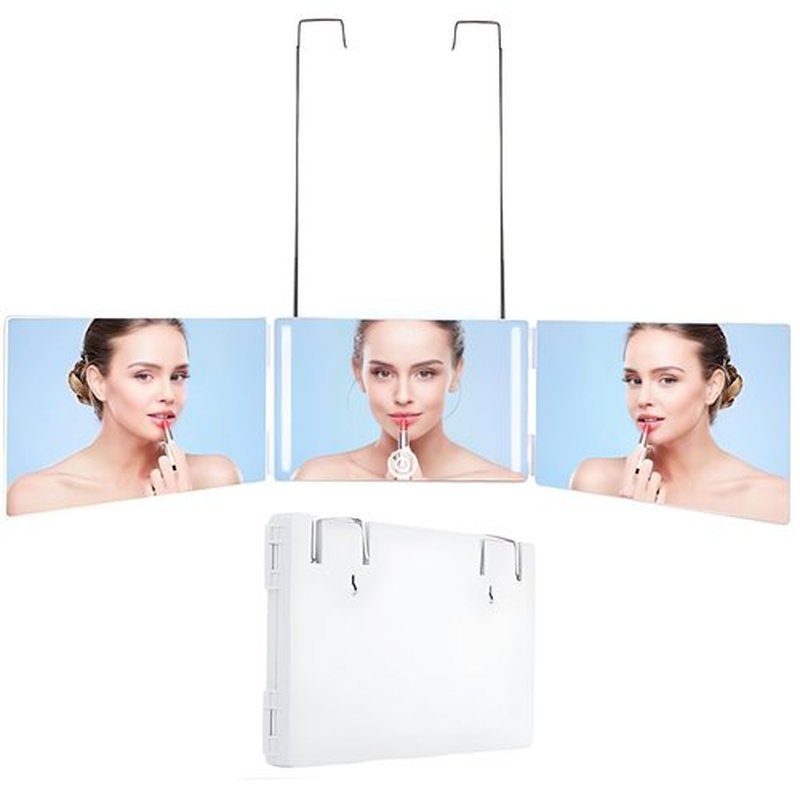 LED 3 Way Mirror with Adjustable Lighting for Self Hair Cutting, 360 Mirror for Men Shaving & Women Dyeing Hair Braiding, Portable for Travel, Bedrooms, Bathroom (White)