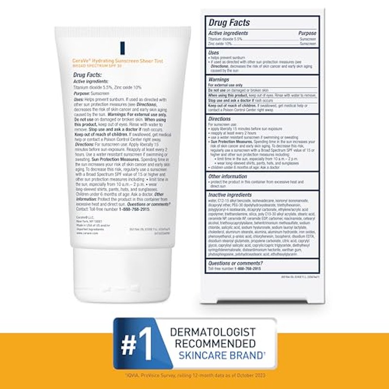 CeraVe Hydrating Mineral Sunscreen SPF 30 with Sheer Tint | Tinted Mineral Sunscreen with Zinc Oxide & Titanium Dioxide | Blends Seamlessly For Healthy Glow | Medium, 1.7 Fluid Ounce
