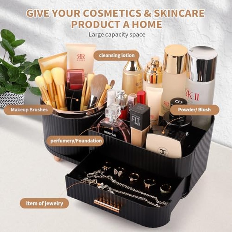 Molutsody Makeup Organizer for Vanity, Cosmetic Display Case with Drawers, Fits Makeup, Skincare Products, Brushes, Lipsticks, and Other Accessories, Versatile Storage Solution (Black)
