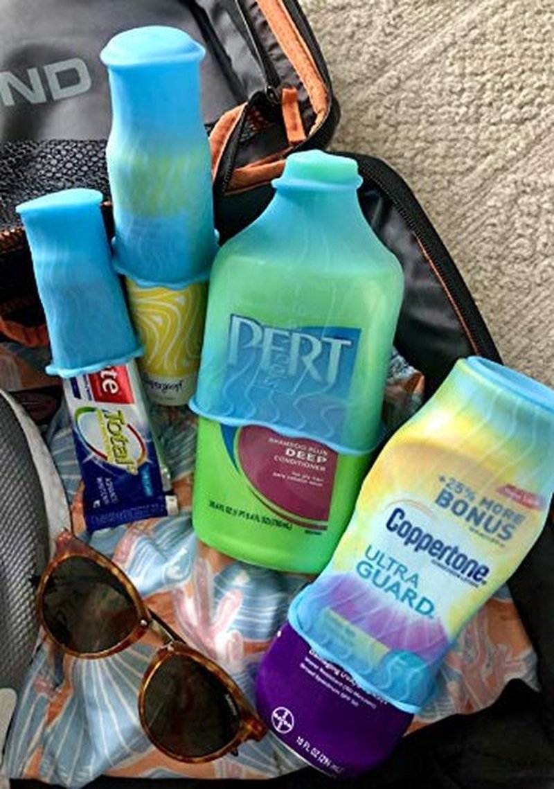 LeakLocks® Toiletry Skins™ Elastic Sleeve for Leak Proofing Travel Container in Luggage. For Standard and Travel Sized Toiletries. Reusable Accessory for Travel Bag Suitcase and Carry-on Luggage
