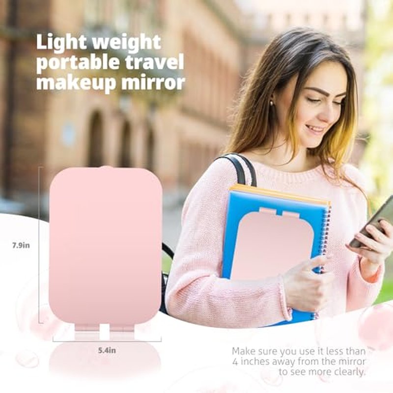 Puiuisoul Travel Makeup Mirror, Portable Mirror with Light, 3 Adjustable Light Settings USB-Rechargeable Vanity Mirror for Bedroom, Office, Home, Gift for Women and Girls (Pink)