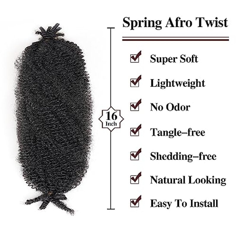 Spring Twist Hair Marley Twist Braiding Hair Crochet Hair 8packs Afro Twist Hair Cuban Twist Hair Marley Twist Hair Kinky Braiding Hair Synthetic Hair Extension For Women (1B, 16 Inch (Pack of 8))