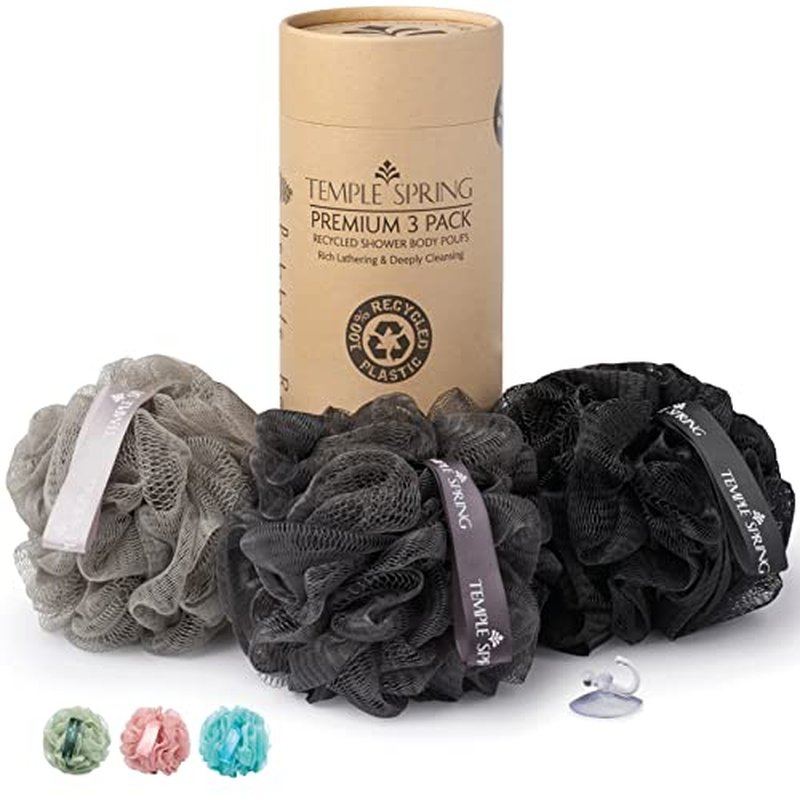 Temple Spring Shower Loofahs 3 Pack - Natural Recycled Shower Puffs for Body Set for Men and Women - Loofah Exfoliating Body Scrubber, Bath Poufs or Shower Scrunchie - Pebble Beach